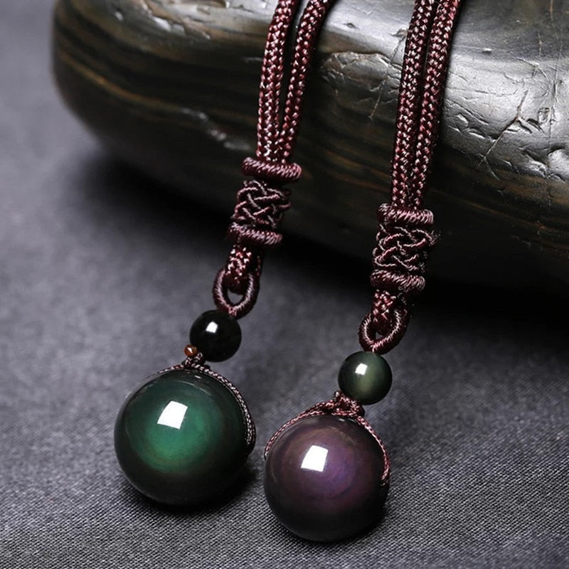 Black Obsidian Rainbow Eye Beads Ball Natural Stone Pendant