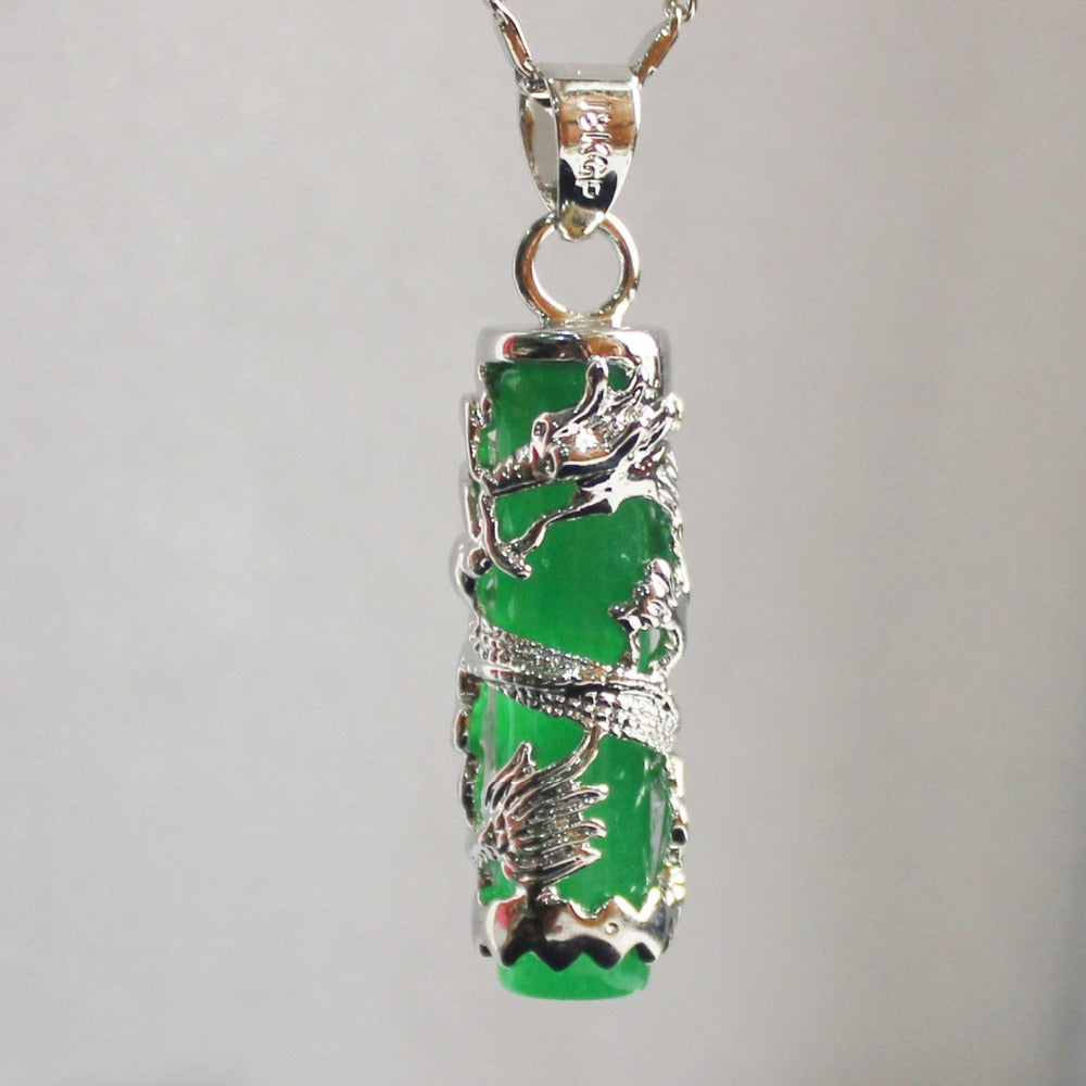 Natural Green Jade Dragon pillar Pendant Necklace Charm Jewellery Fashion